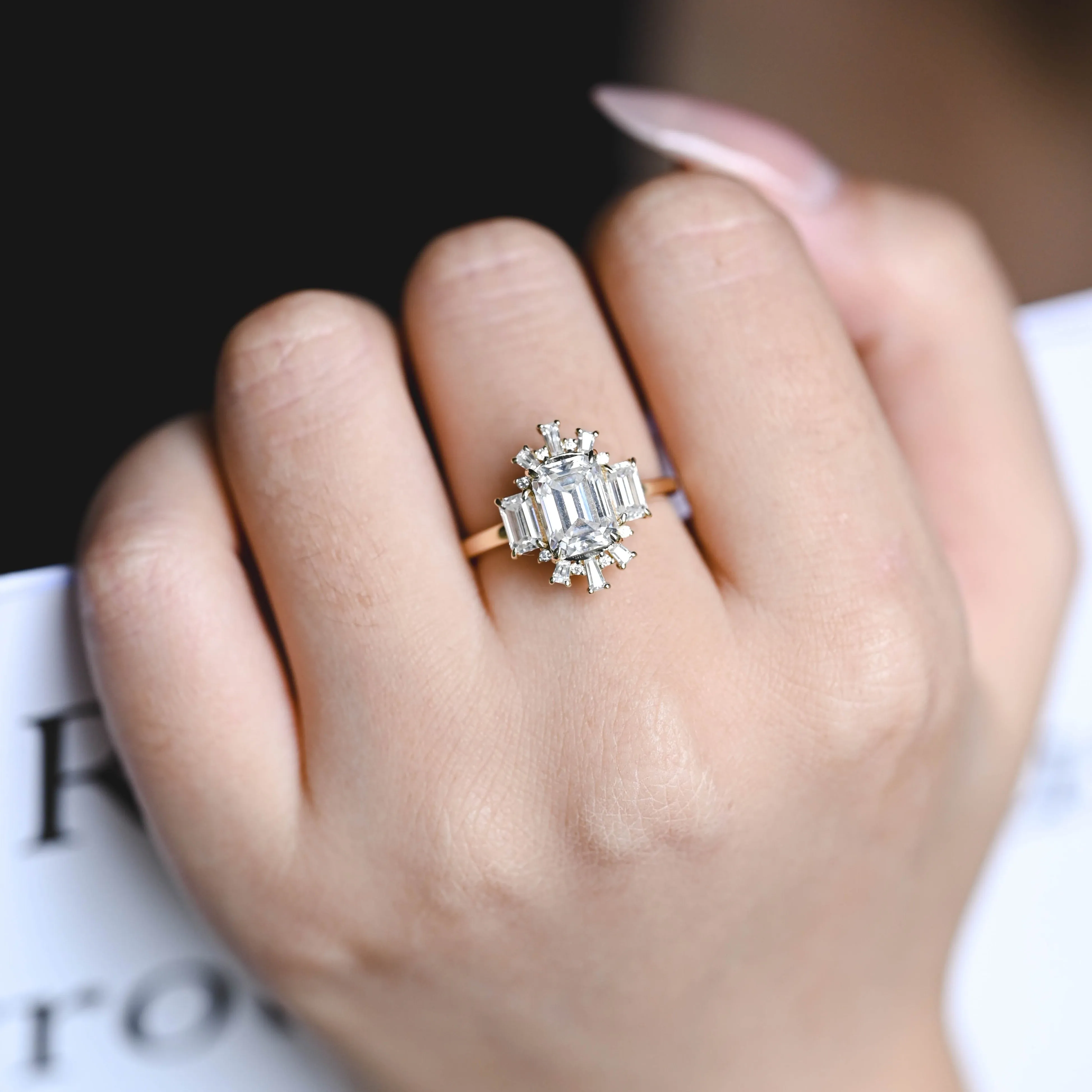 Solid Gold Halo Emerald Cut Moissanite Engagement Ring sold by Causyou product image thumbnail 2