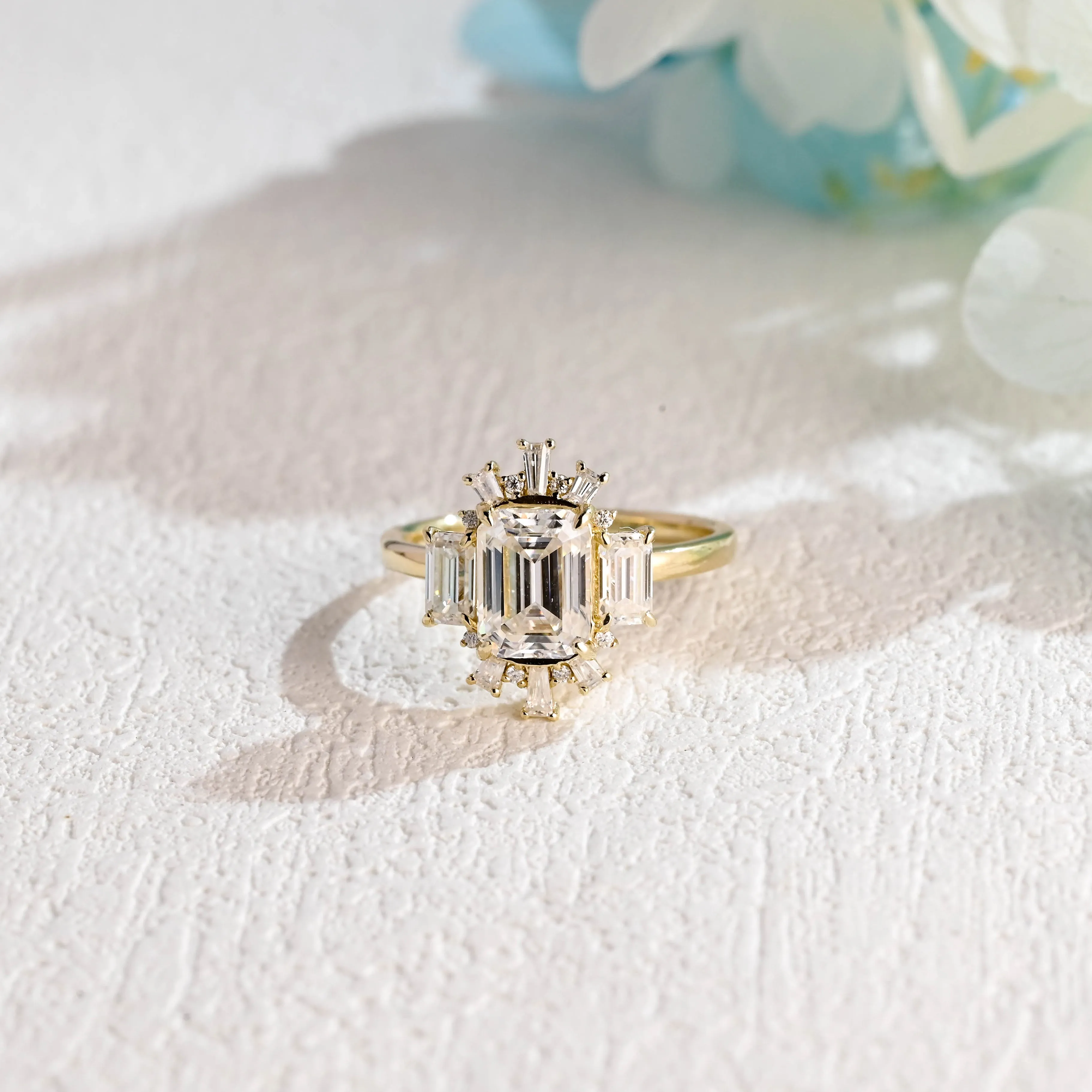 Solid Gold Halo Emerald Cut Moissanite Engagement Ring sold by Causyou