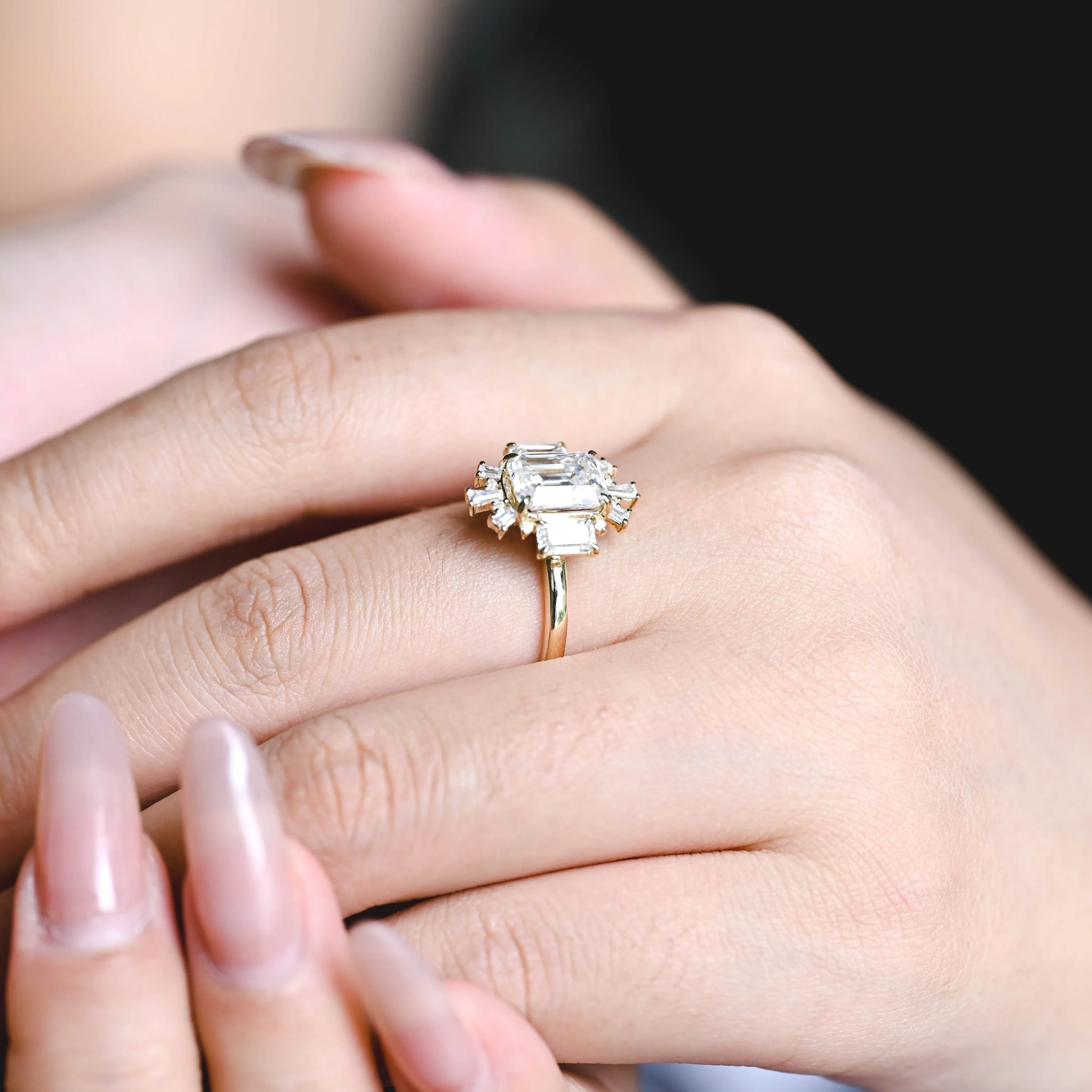 Solid Gold Halo Emerald Cut Moissanite Engagement Ring sold by Causyou product image thumbnail 3
