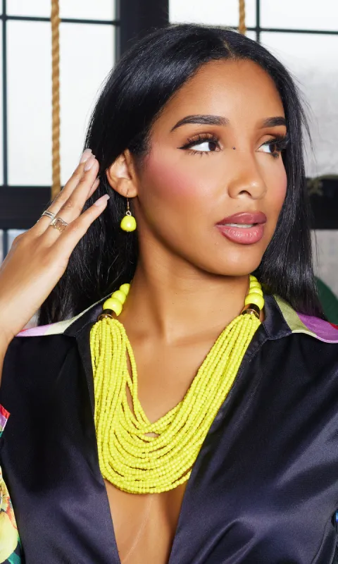 Yellow Bead Layer Necklace with Earrings Set sold by Cutely Covered
