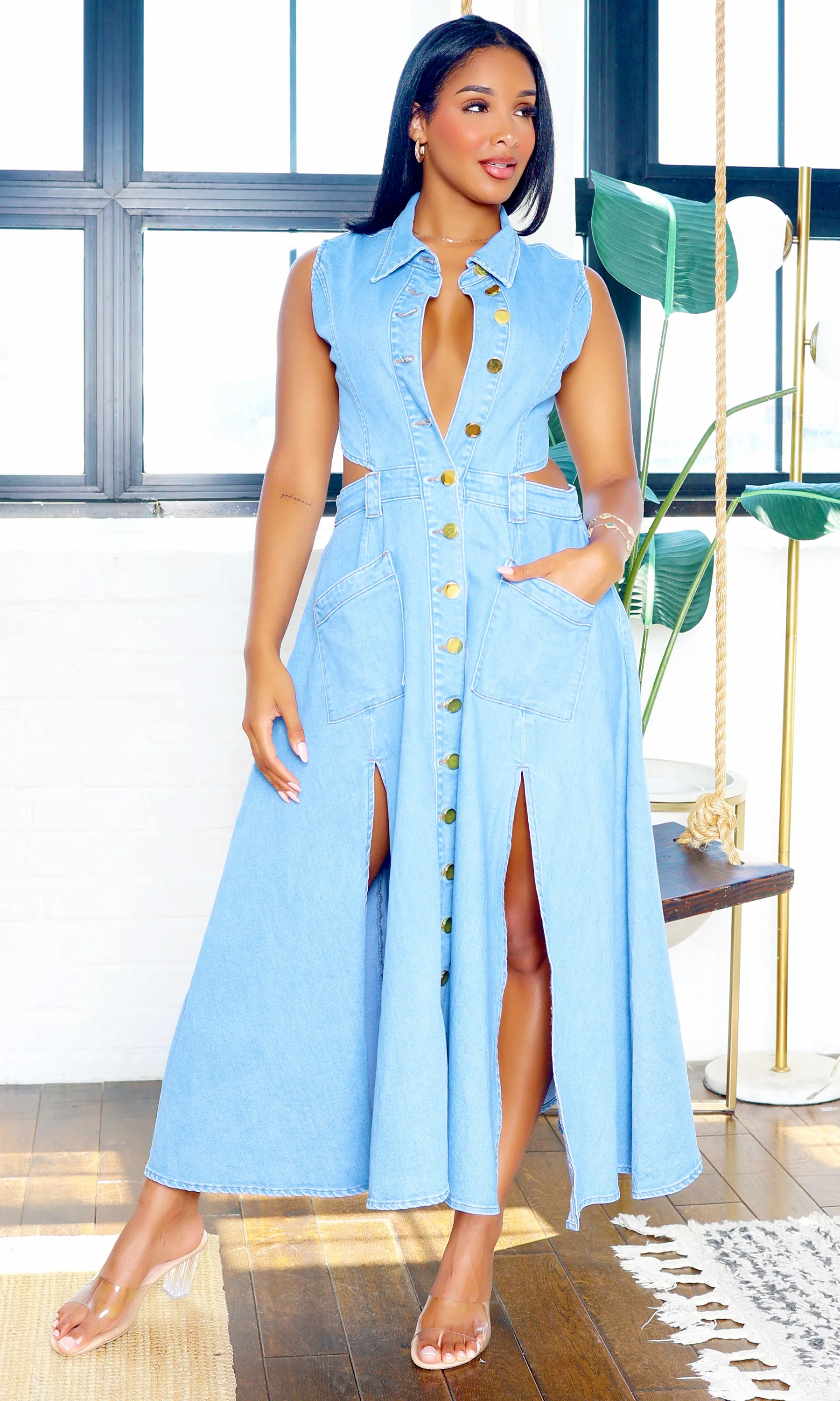 Button Down | Maxi Dress with Slit - Denim PREORDER Ships Mid September sold by Cutely Covered product image thumbnail 2