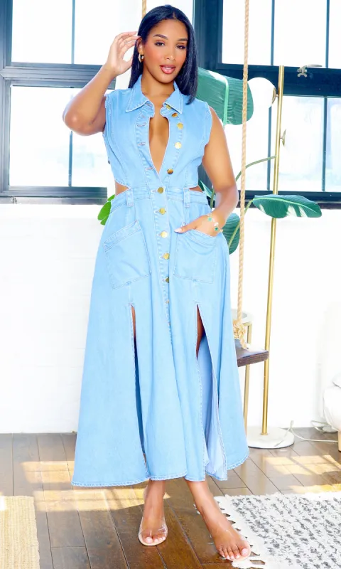 Button Down | Maxi Dress with Slit - Denim PREORDER Ships Mid September sold by Cutely Covered