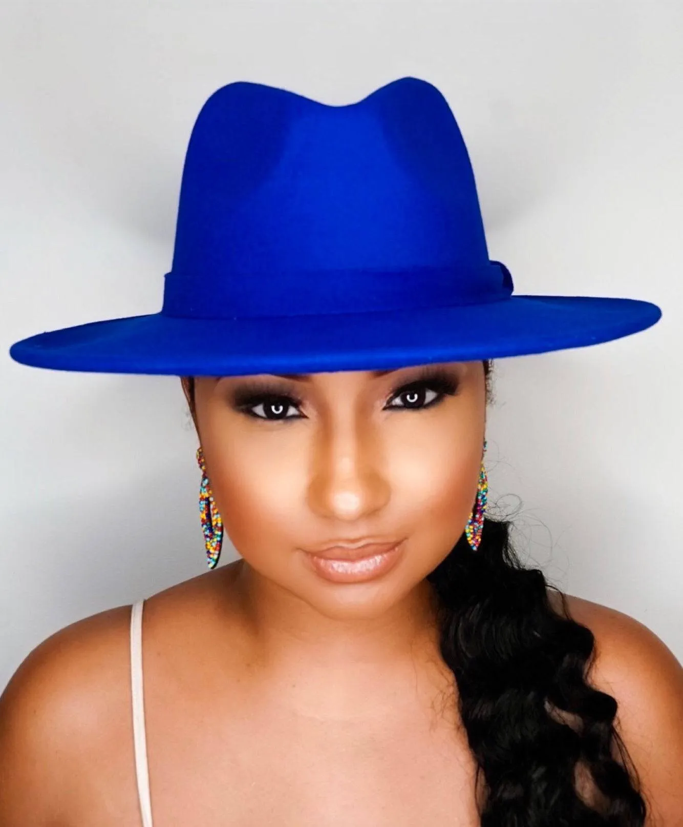 Still Trending | Wide Brim Panama Felt Fedora Hat with Band - Royal Blue sold by Cutely Covered product image thumbnail 2