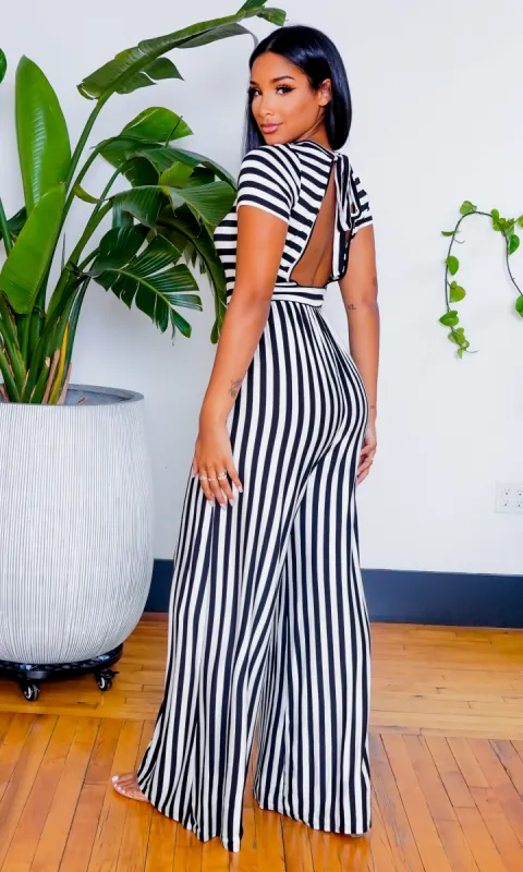 Eye Catching | Open Back Jumpsuit - Black & White Stripe sold by Cutely Covered