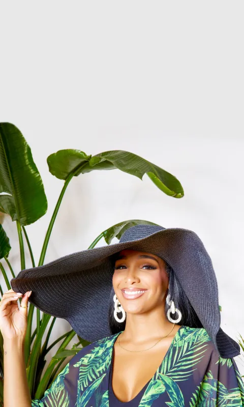 Beach Days |  Women’s Adjustable Wide Brim Straw Hat Sun Protection - Black sold by Cutely Covered