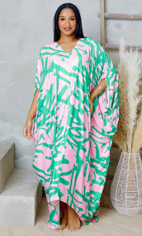 Glide Long Kaftan Dress - Pink/Green Print sold by Cutely Covered