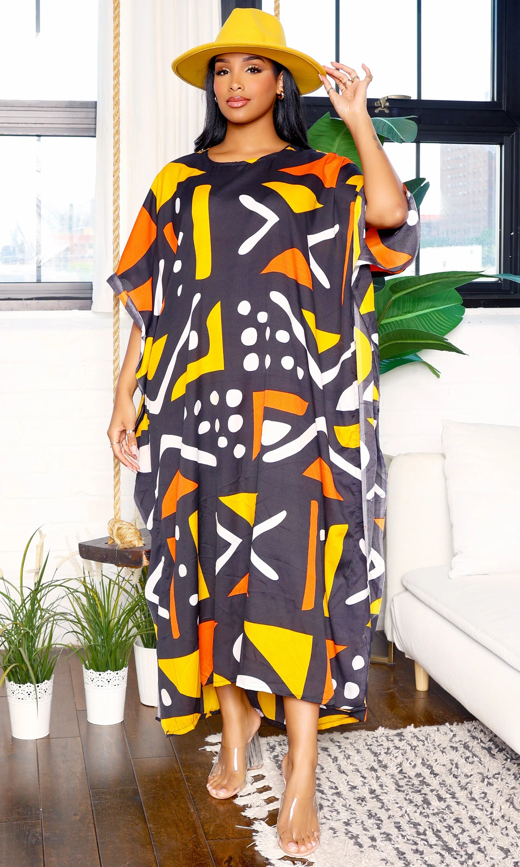 Tribal Print Oversized Kaftan Dress-Black Print sold by Cutely Covered
