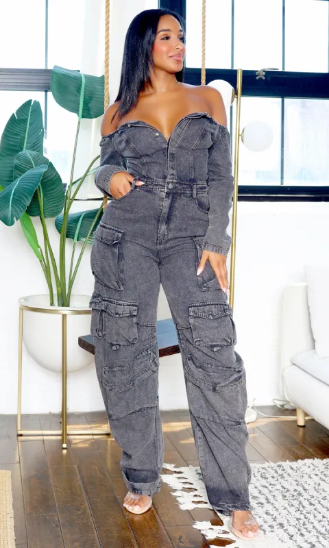 Caught Up | Off-Shoulder Cargo Jumpsuit - Denim Black sold by Cutely Covered