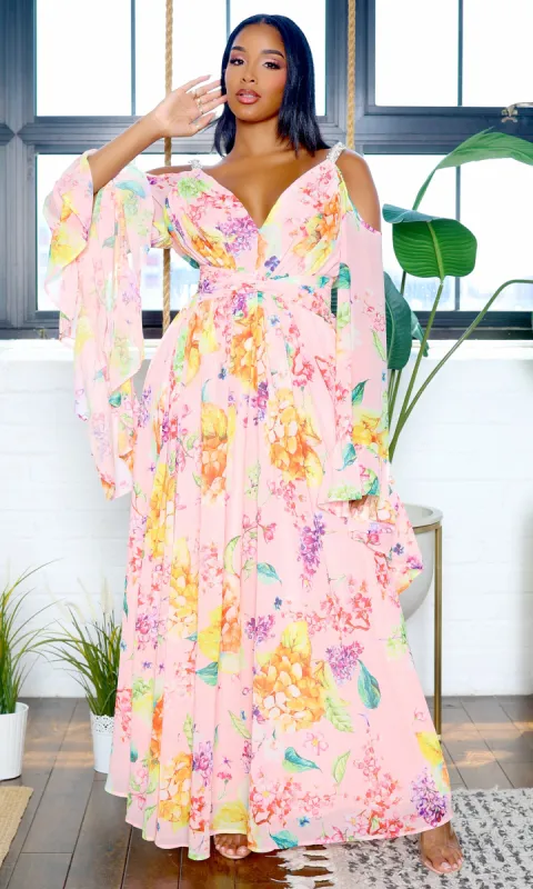 Exquisite | Bell Sleeve Cutout Maxi Floral Dress - Pink sold by Cutely Covered