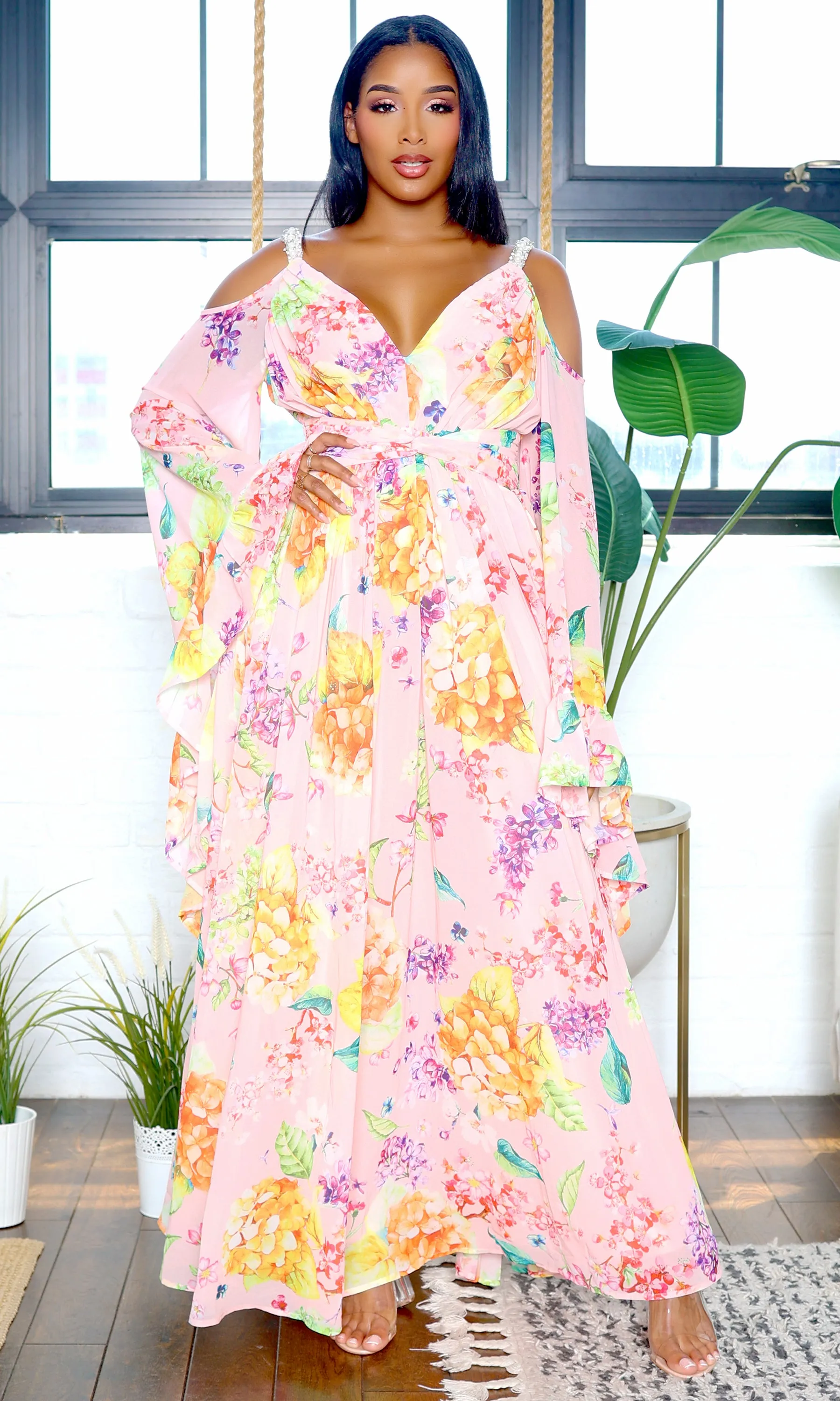 Exquisite | Bell Sleeve Cutout Maxi Floral Dress - Pink sold by Cutely Covered product image thumbnail 4
