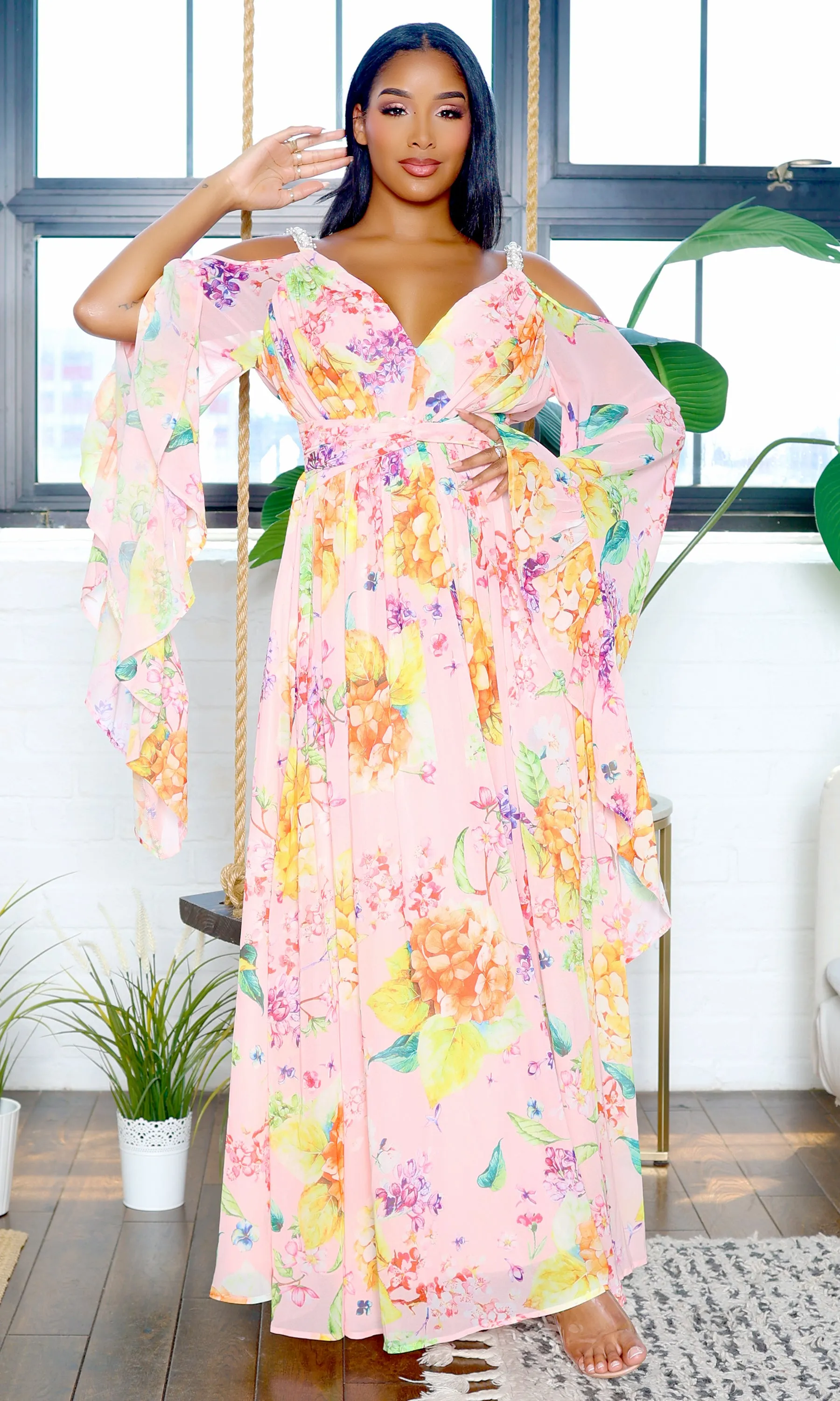Exquisite | Bell Sleeve Cutout Maxi Floral Dress - Pink sold by Cutely Covered product image thumbnail 2