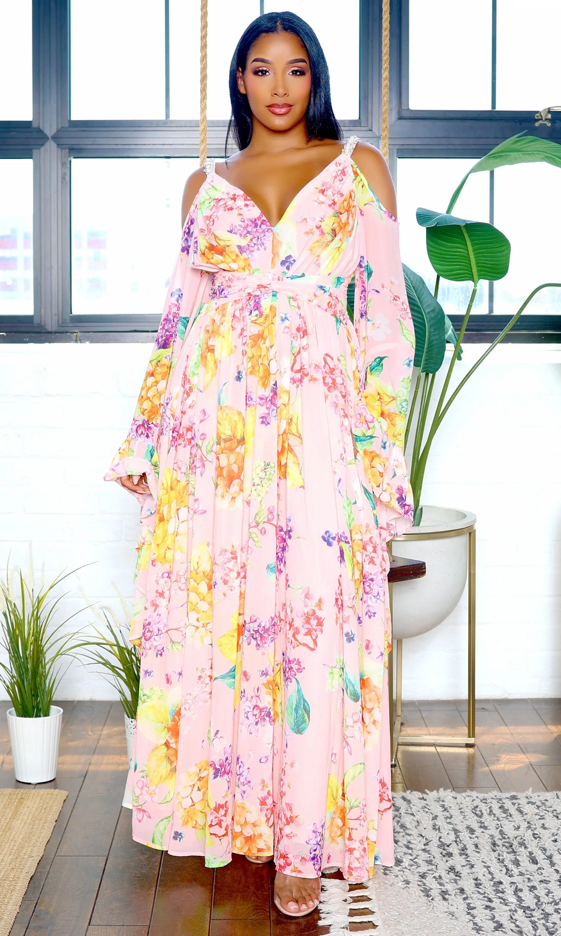 Exquisite | Bell Sleeve Cutout Maxi Floral Dress - Pink sold by Cutely Covered product image thumbnail 3