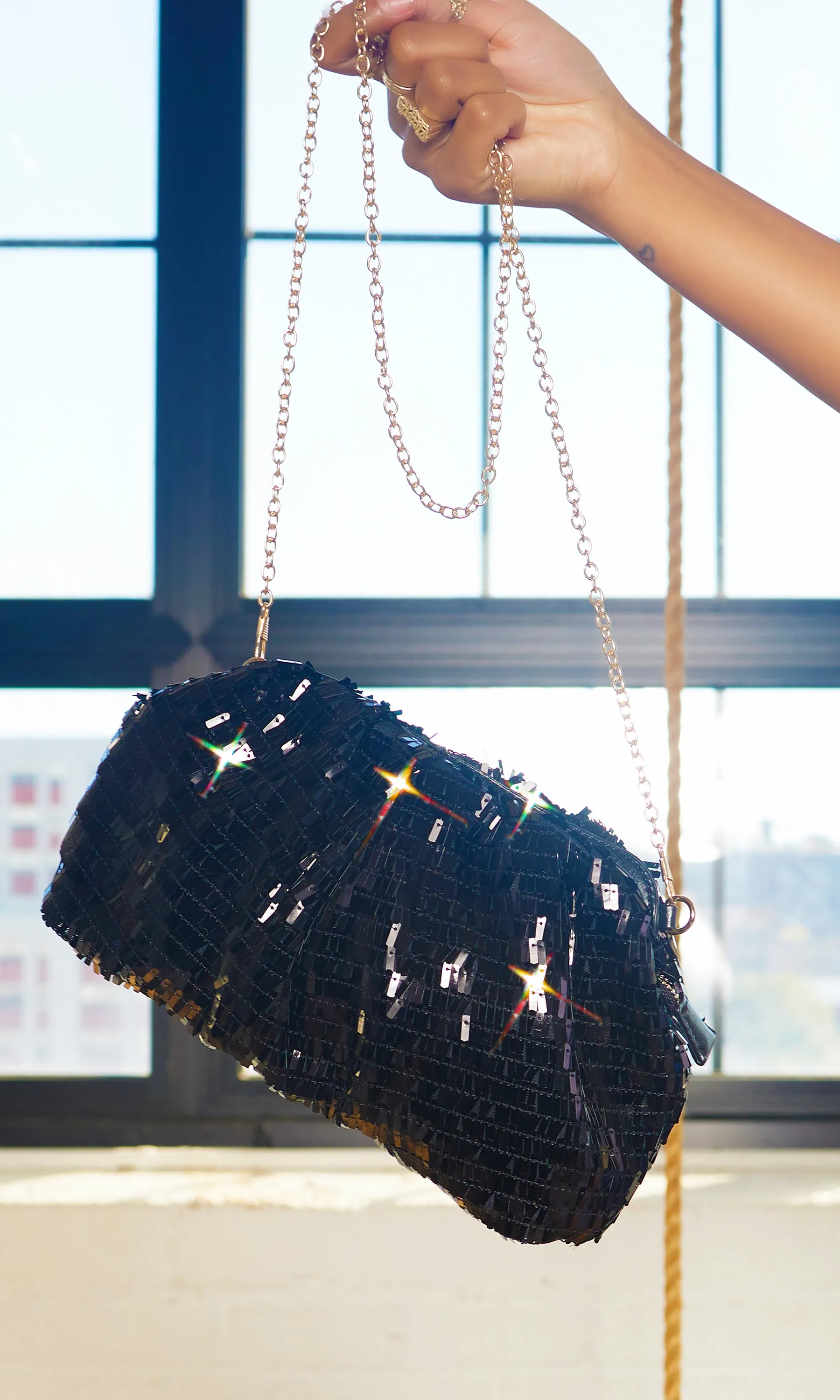 Black Sequins Gold Strap Clutch Bag sold by Cutely Covered