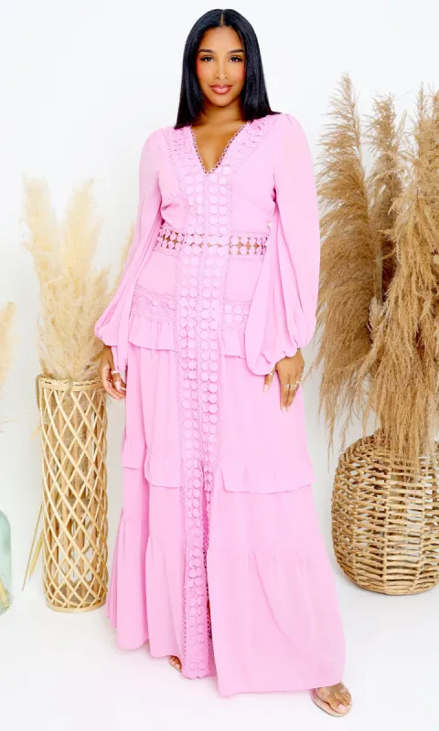 Kythira | Chiffon Puff Sleeve Maxi Dress - Pink sold by Cutely Covered