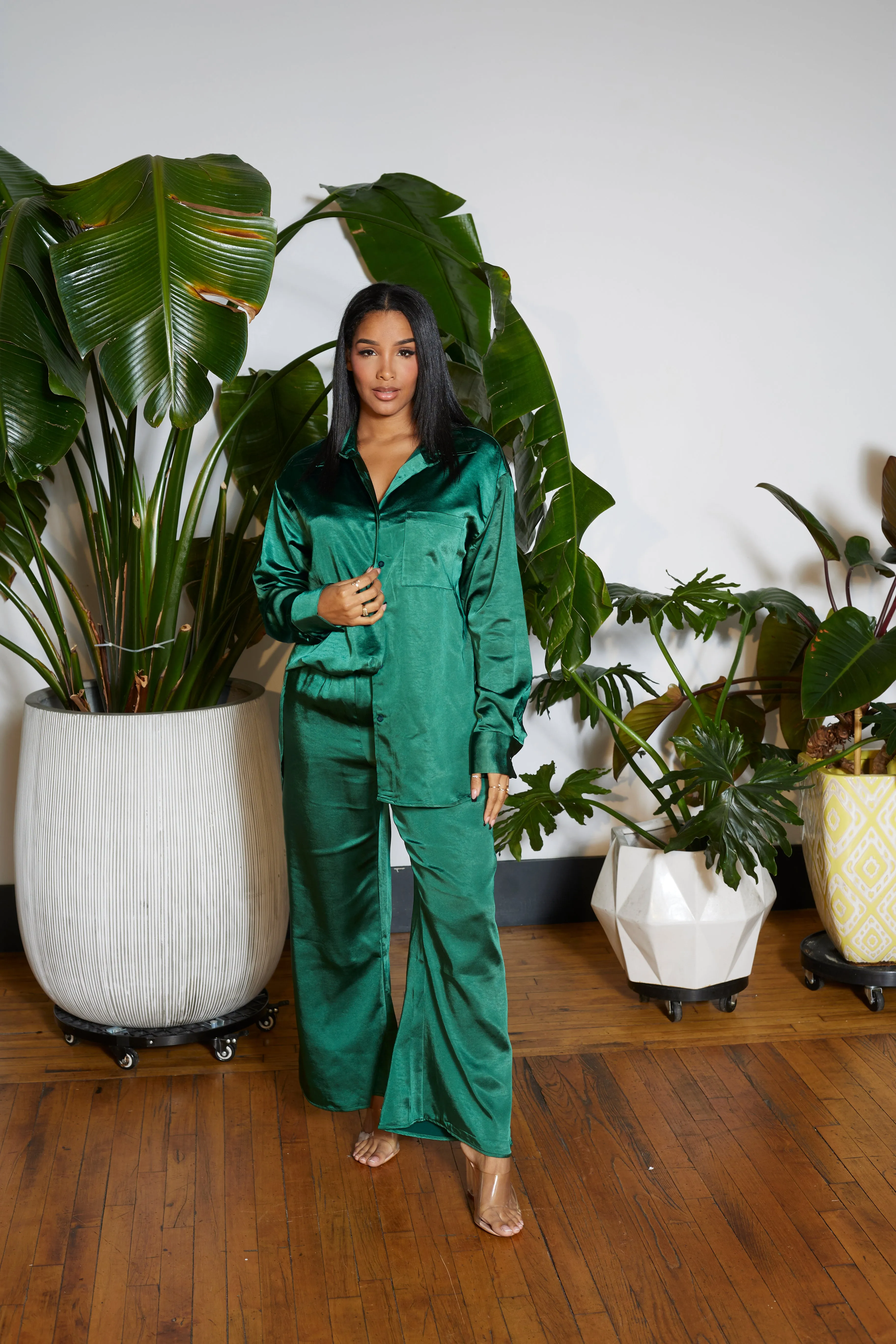 Daily Co-ord Satin Shirt Set- Green D5 sold by Cutely Covered product image thumbnail 2