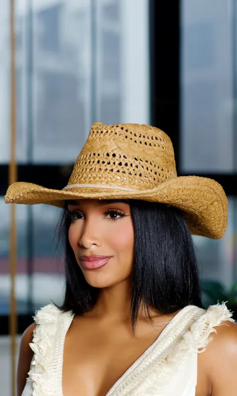 Western Women’s Adjustable Wide Brim Straw Hat Sun Protection  - Latte sold by Cutely Covered