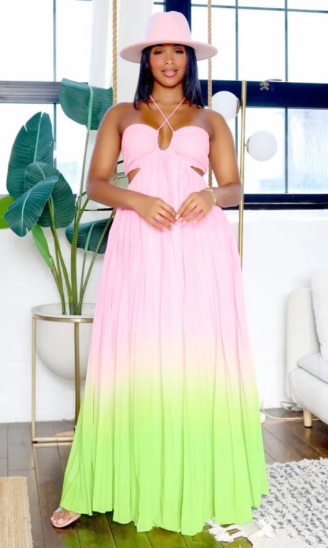 Isabella | Ombre Pleated Maxi Halter Dress - Pink/ Green made by Cutely Covered