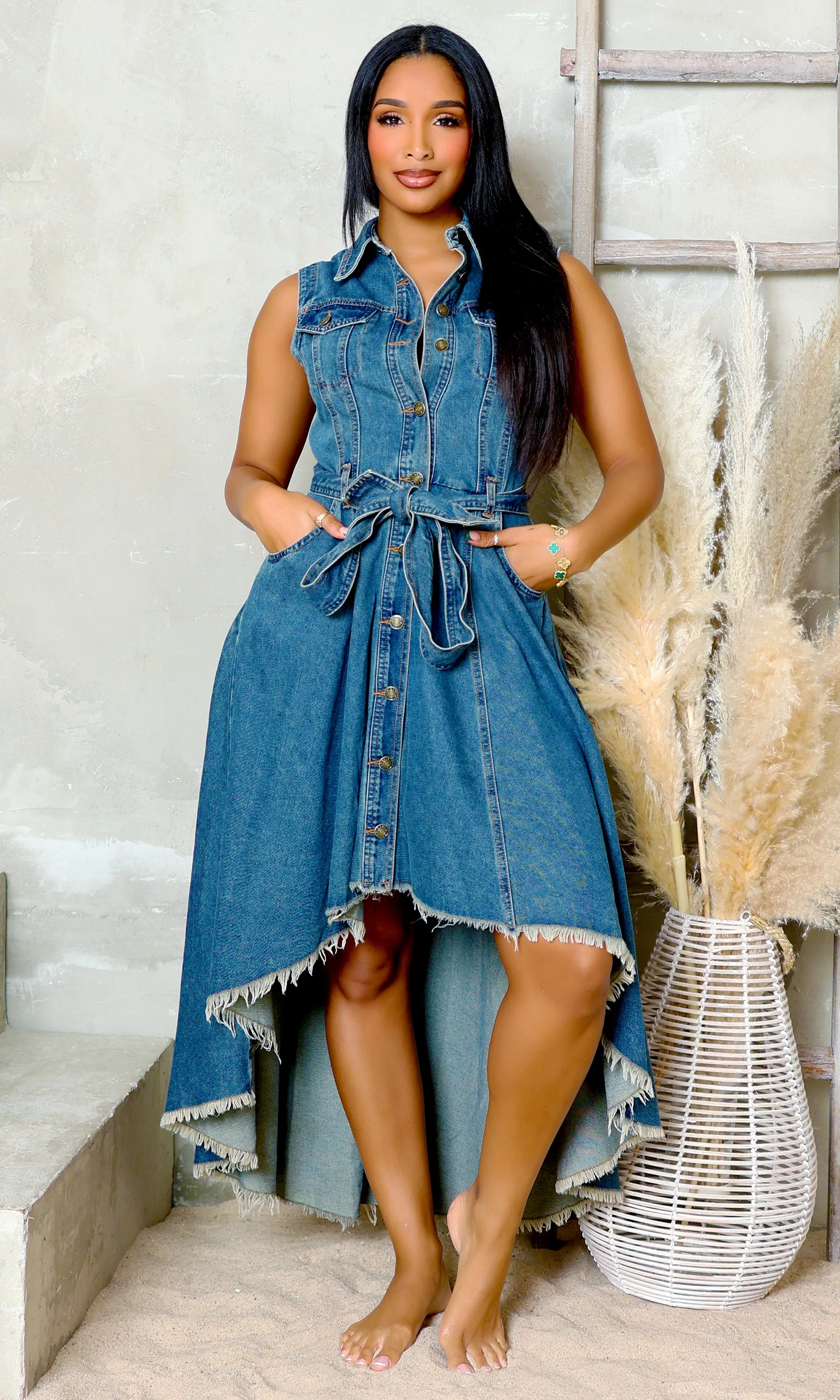 Denim Cascade | Tie-Waist Dress - Medium Indigo sold by Cutely Covered