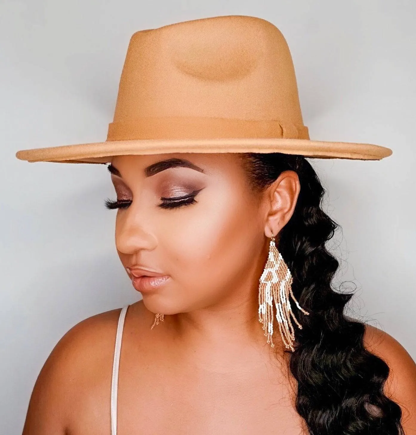 Still Trending | Wide Brim Panama Felt Fedora Hat with Band - Camel sold by Cutely Covered product image thumbnail 5