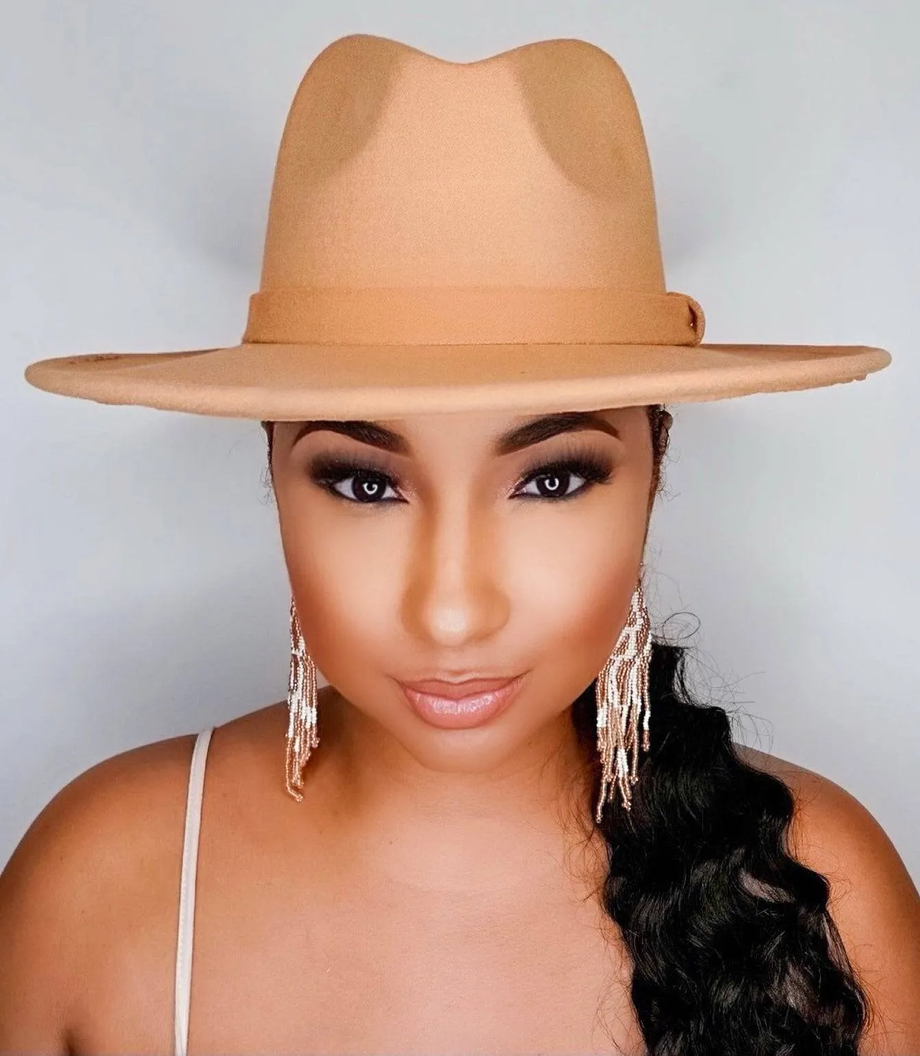 Still Trending | Wide Brim Panama Felt Fedora Hat with Band - Camel sold by Cutely Covered product image thumbnail 4