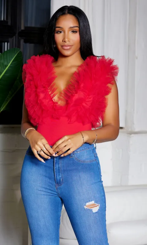 Tulle Ruffle Detail Bodysuit | Red sold by Cutely Covered