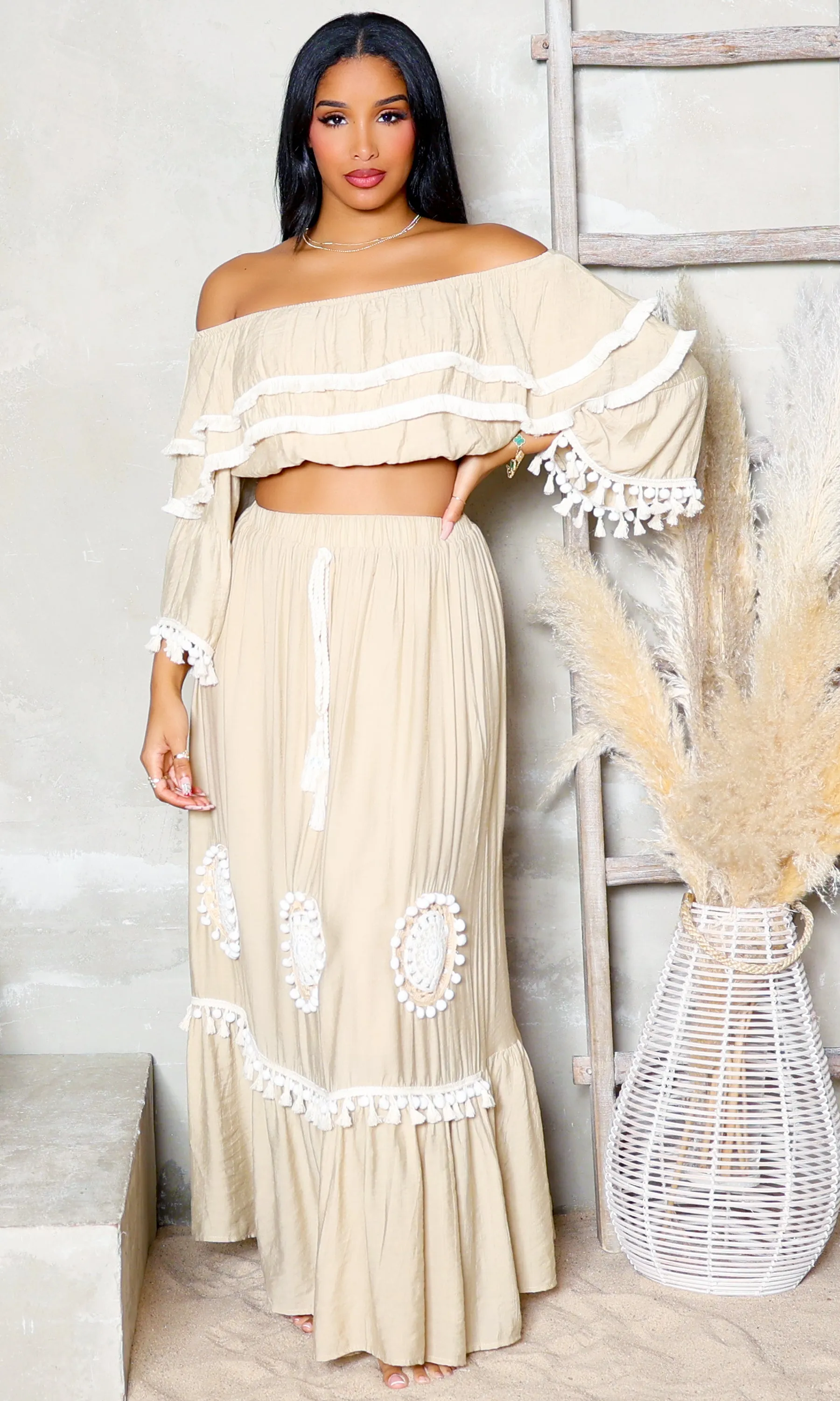 Tassel Temptation | Off-Shoulder Crop Top & Maxi Skirt sold by Cutely Covered product image thumbnail 3