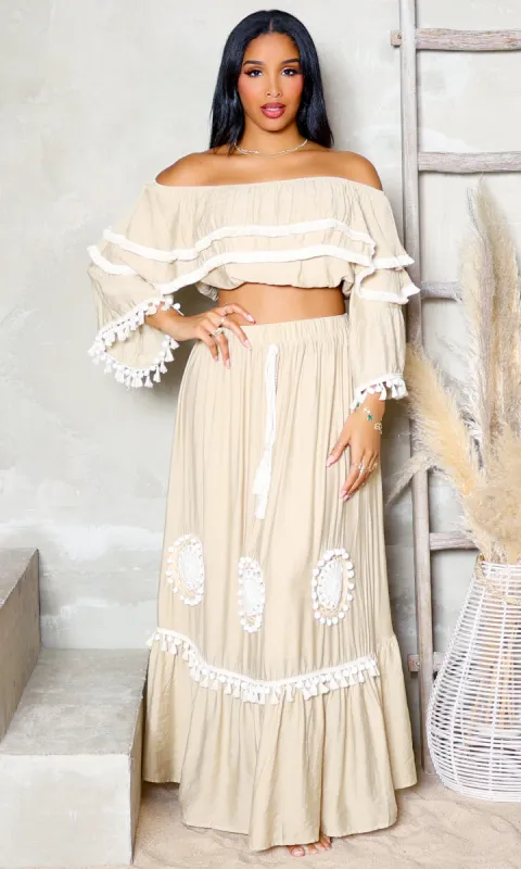 Tassel Temptation |  Off-Shoulder Crop Top & Maxi Skirt sold by Cutely Covered
