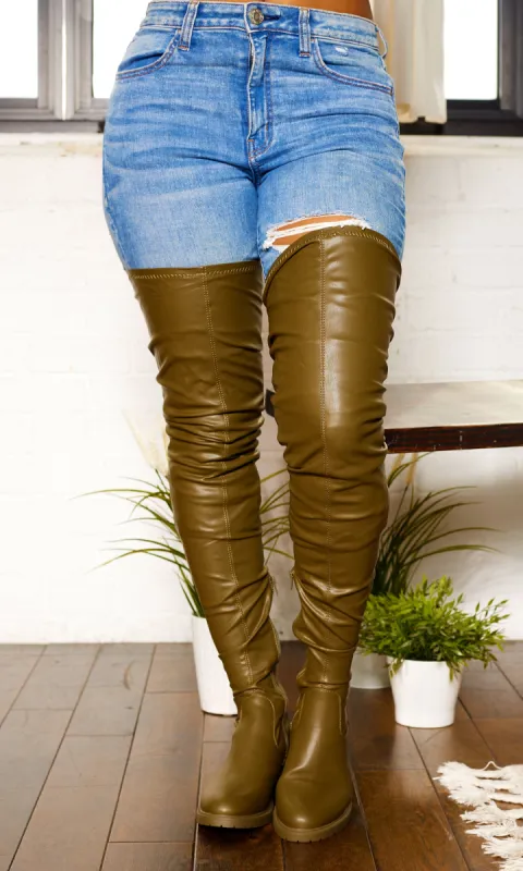 She's Killing It Surgical | Thigh High Flat Stretch Boots - Olive FINAL SALE sold by Cutely Covered