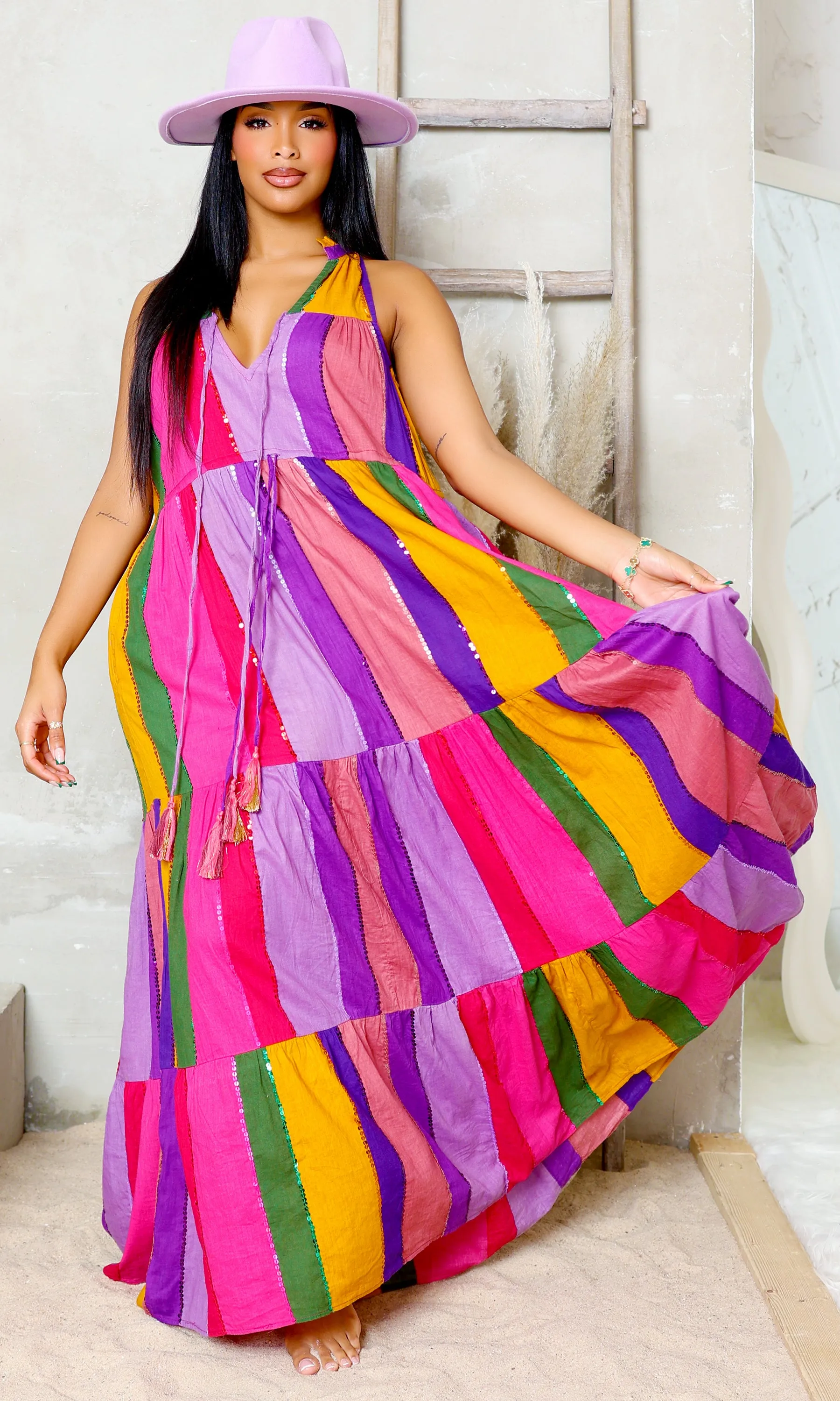 Rainbow Delight V-Neck Tie Dress - Multicolor sold by Cutely Covered product image thumbnail 3