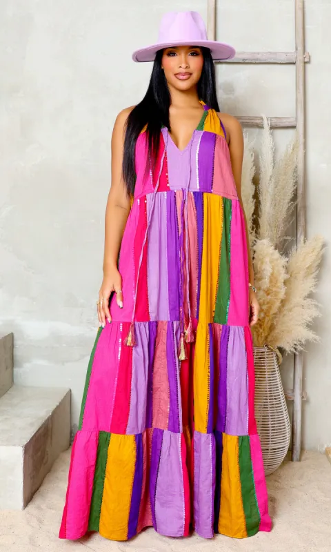 Rainbow Delight V-Neck Tie Dress - Multicolor sold by Cutely Covered