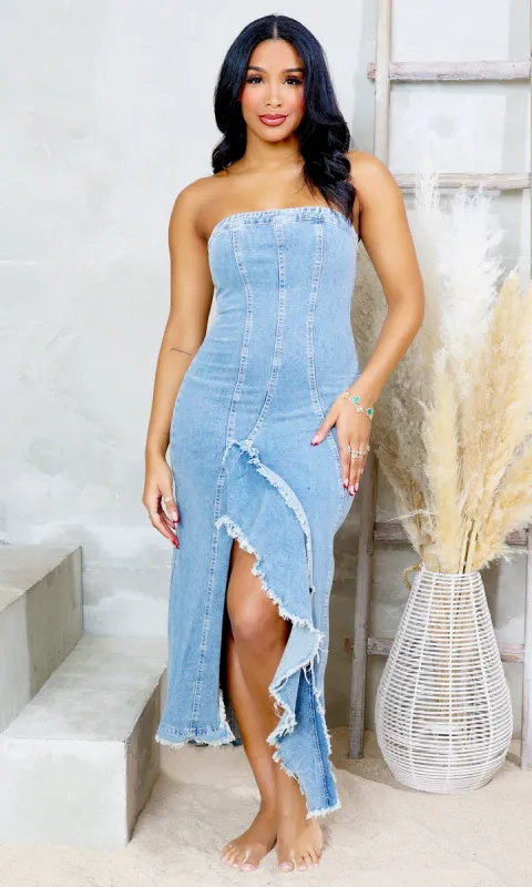 Front-Split Tube Dress - Denim Blue sold by Cutely Covered