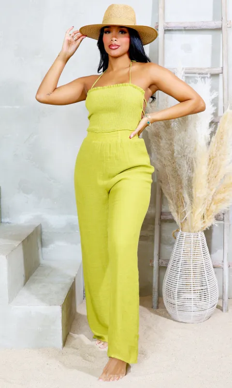 Effortless Charm | Smocked Woven Jumpsuit - Deep Lime sold by Cutely Covered