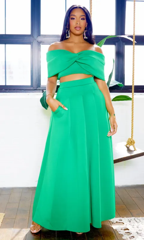 Veronica | Off The Shoulder Crop Skirt Set - Green sold by Cutely Covered