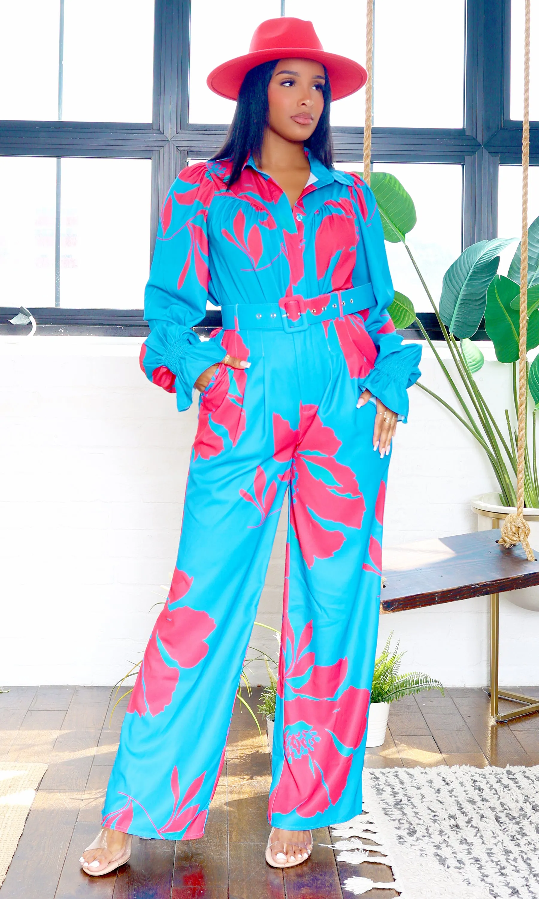 Lainey | Belted Floral Jumpsuit - Blue/Pink sold by Cutely Covered product image thumbnail 3