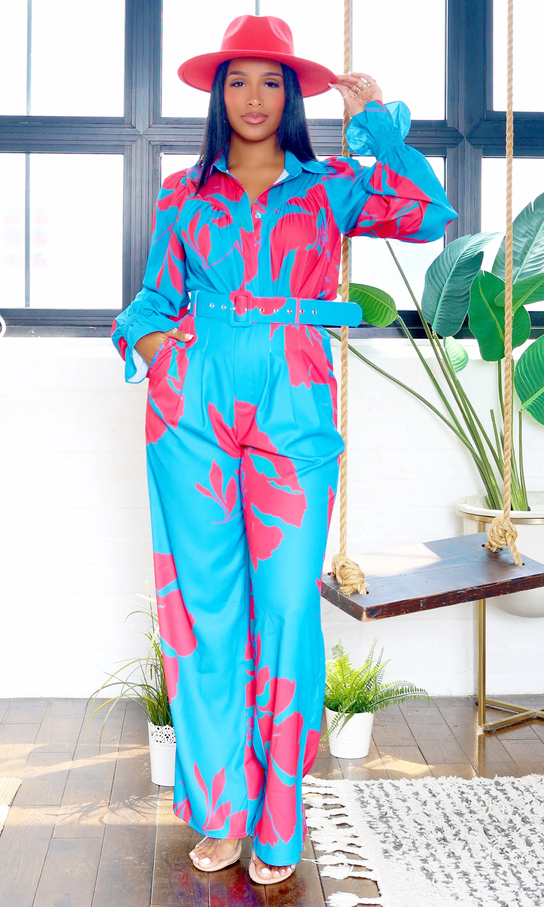 Lainey | Belted Floral Jumpsuit - Blue/Pink sold by Cutely Covered product image thumbnail 4