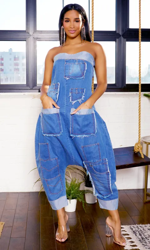 Denim Patchwork Bandeau Jumpsuit - Denim wash sold by Cutely Covered