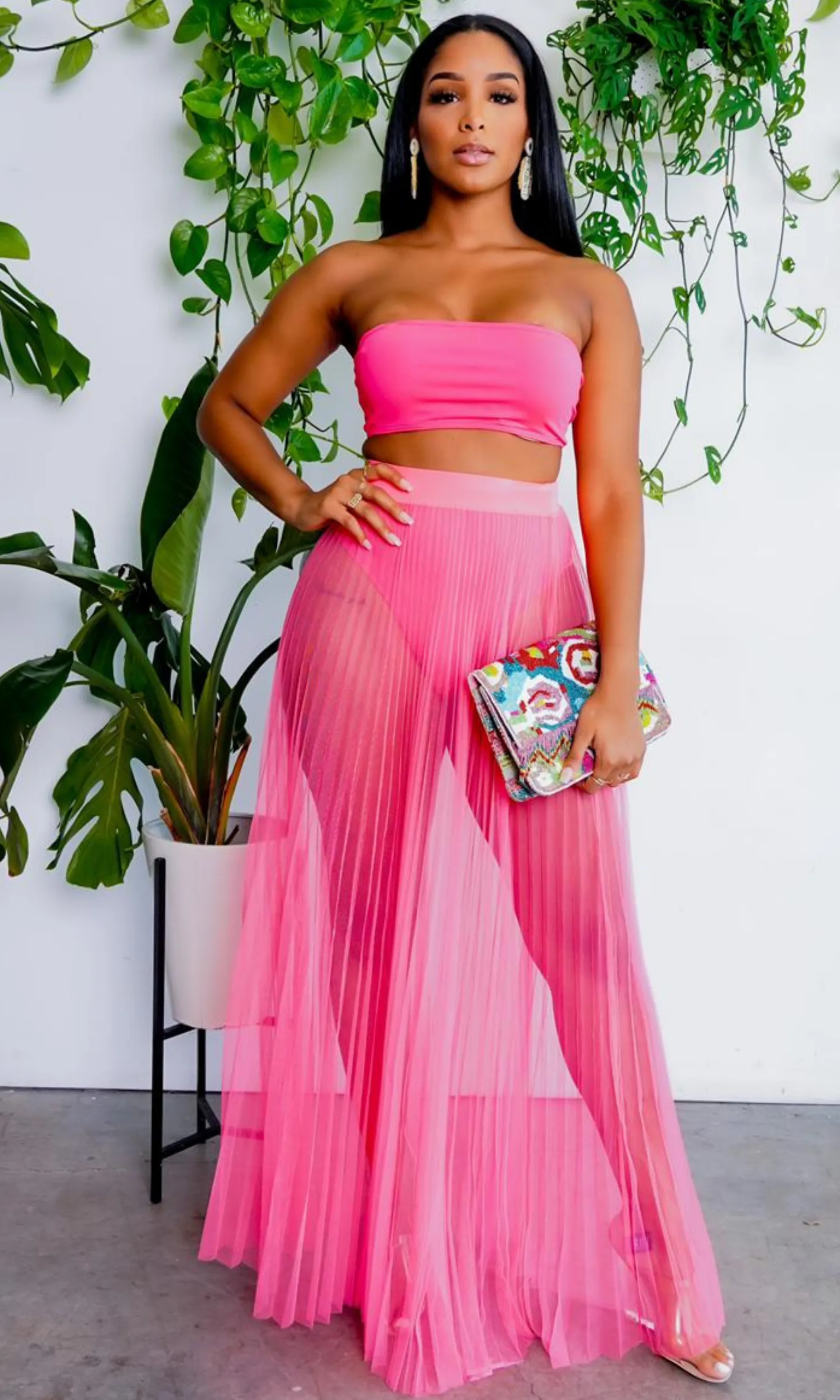 Fun In The Sun | Bandeau Bikini Skirt Set - Neon Pink sold by Cutely Covered