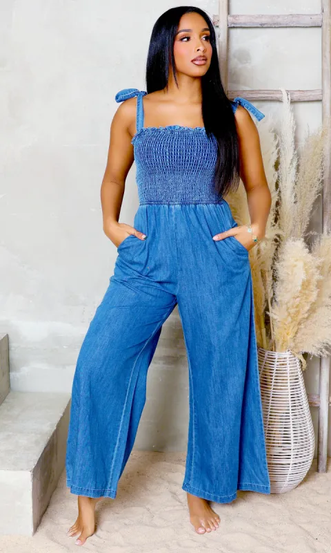 Denim Bliss | Shoulder Tie Jumpsuit - Medium Indigo sold by Cutely Covered