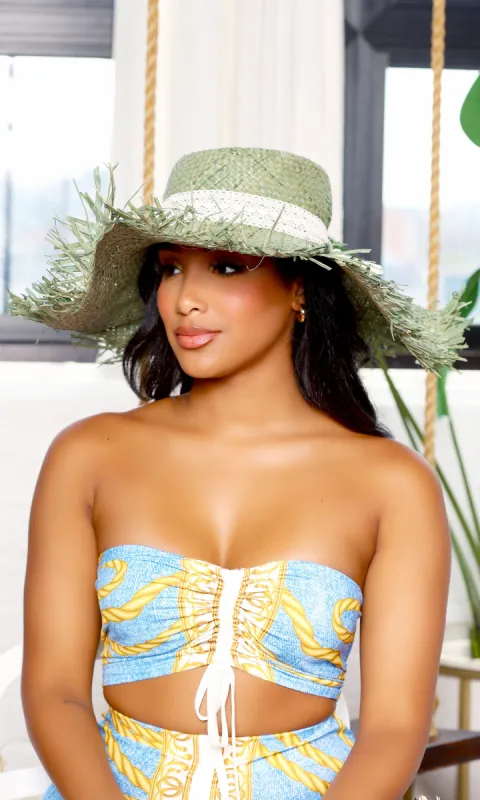 Lace-Banded Raw Edge | Women’s Adjustable Wide Brim Straw Hat Sun Protection  - Sage sold by Cutely Covered