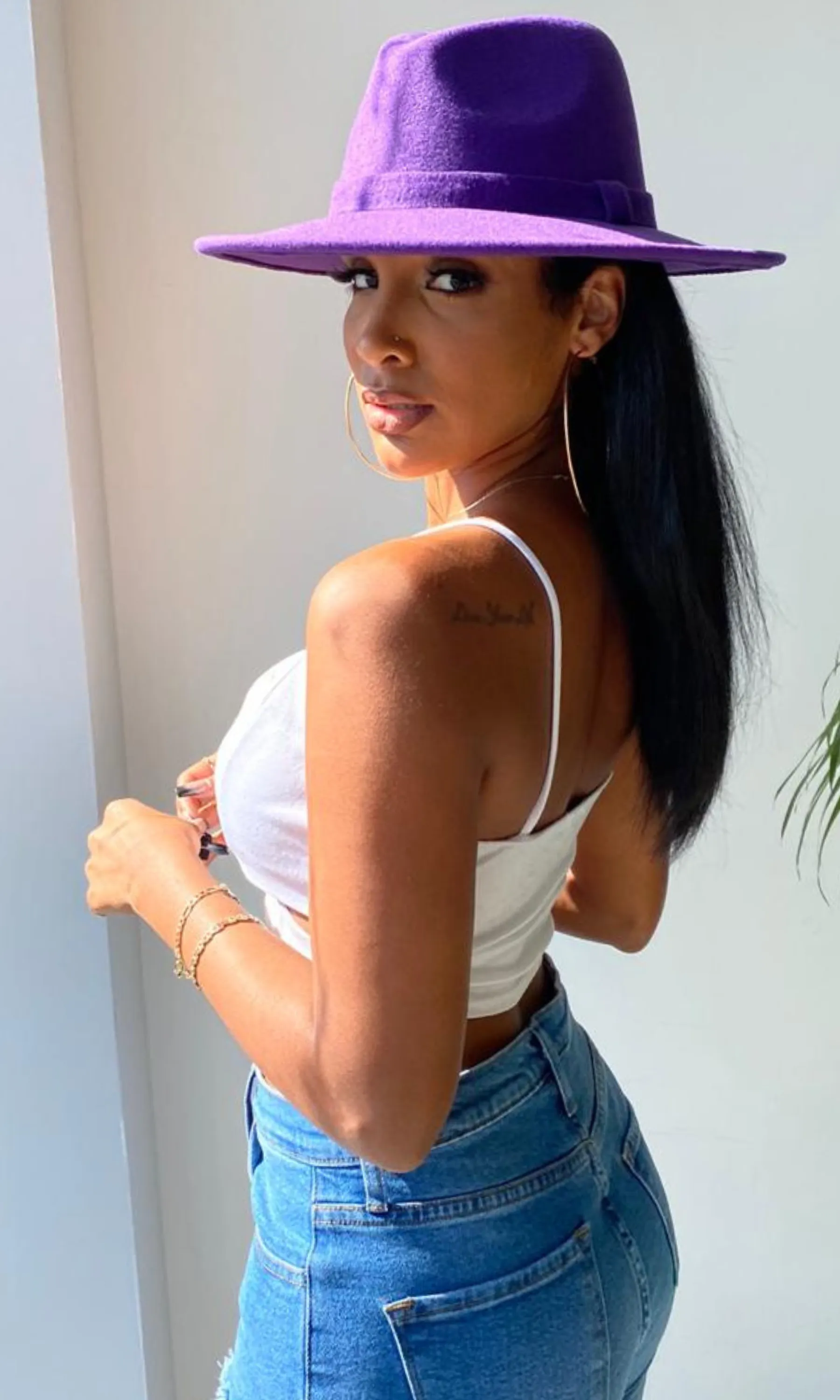 Still Trending | Wide Brim Panama Felt Fedora Hat with Band - Purple sold by Cutely Covered product image thumbnail 3