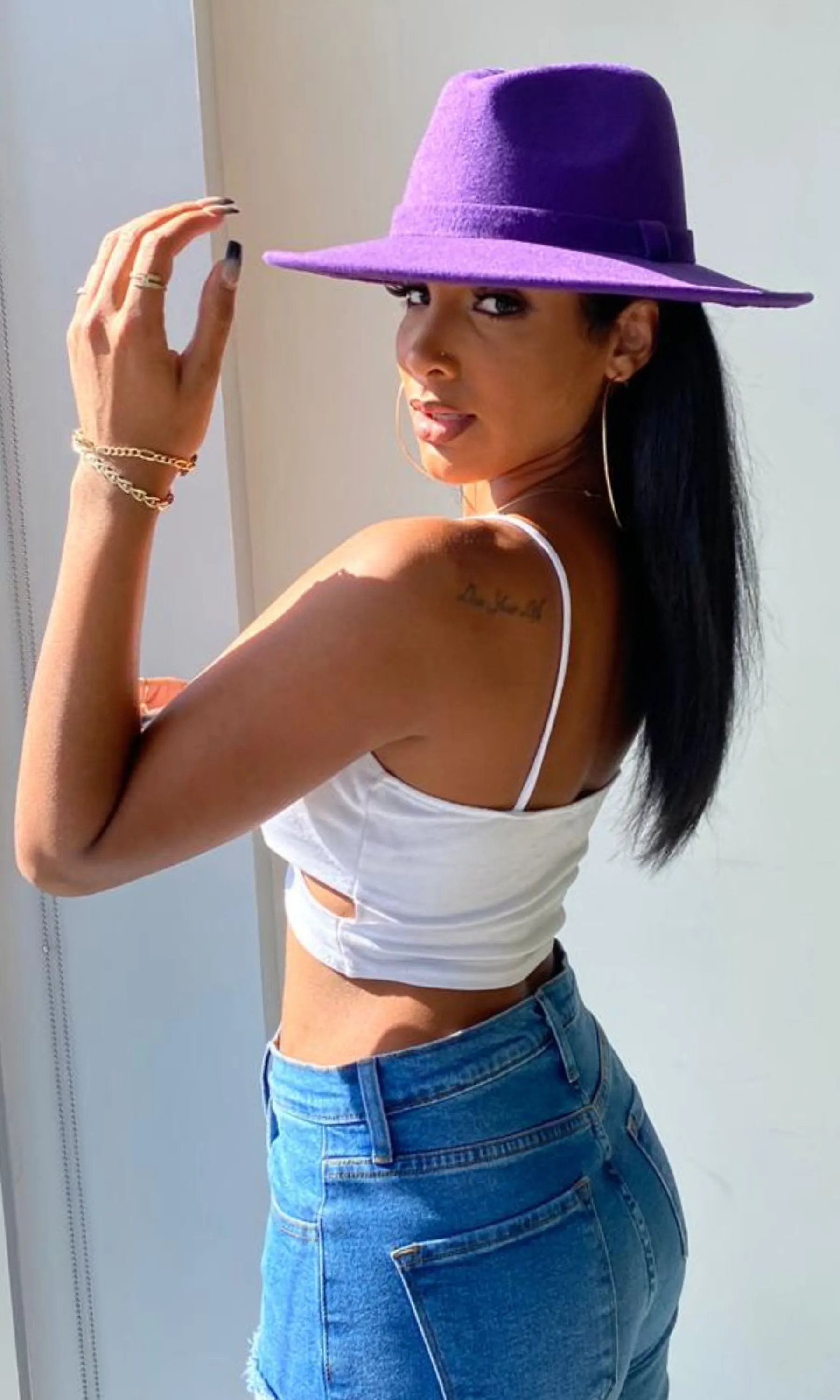 Still Trending | Wide Brim Panama Felt Fedora Hat with Band - Purple sold by Cutely Covered product image thumbnail 4