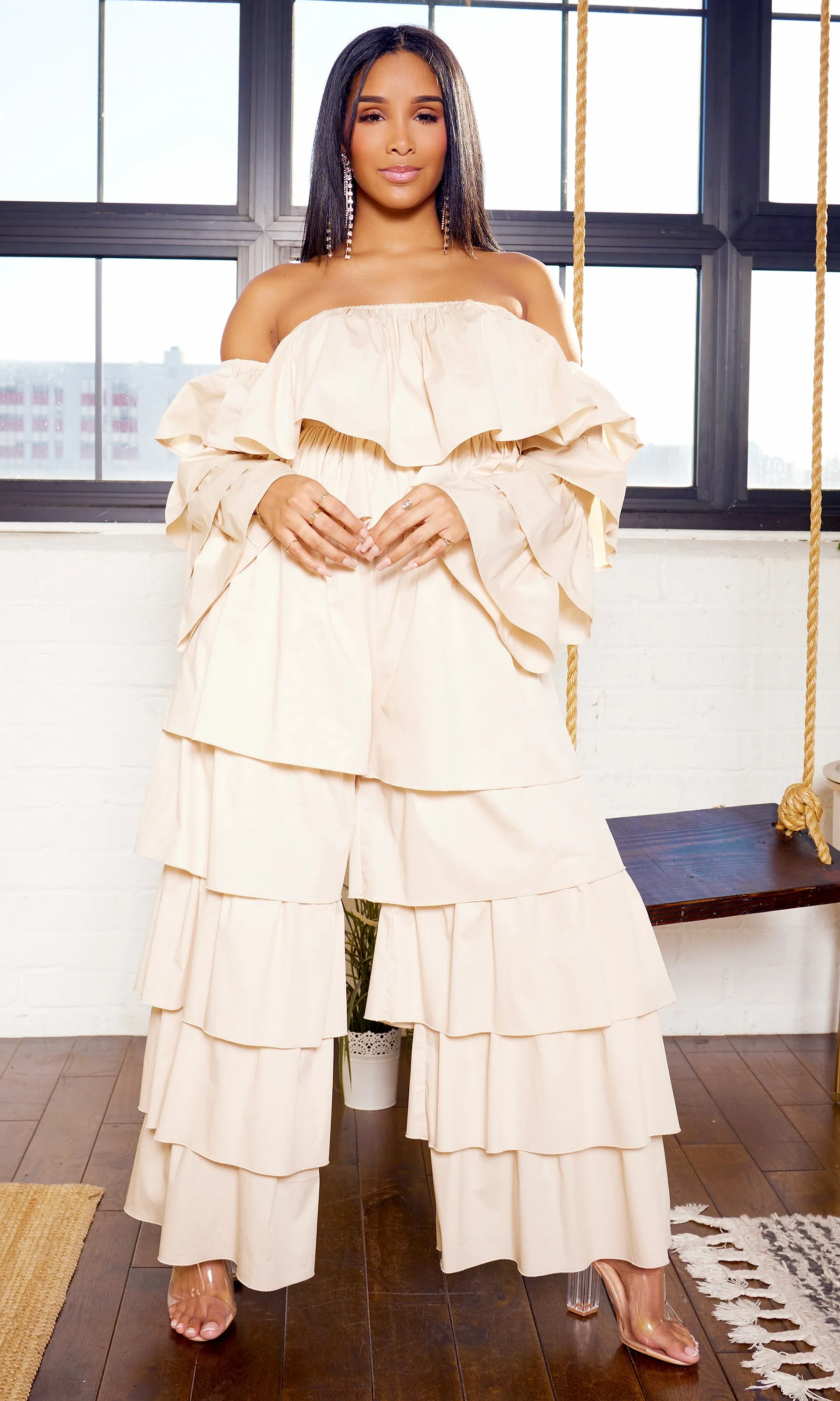 Tiered Ruffle Poplin Pants Set - Champagne FINAL SALE sold by Cutely Covered product image thumbnail 2