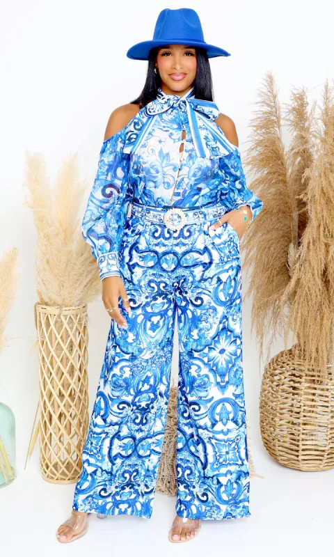 Ioannina |  Blue & White Printed Pant Set sold by Cutely Covered