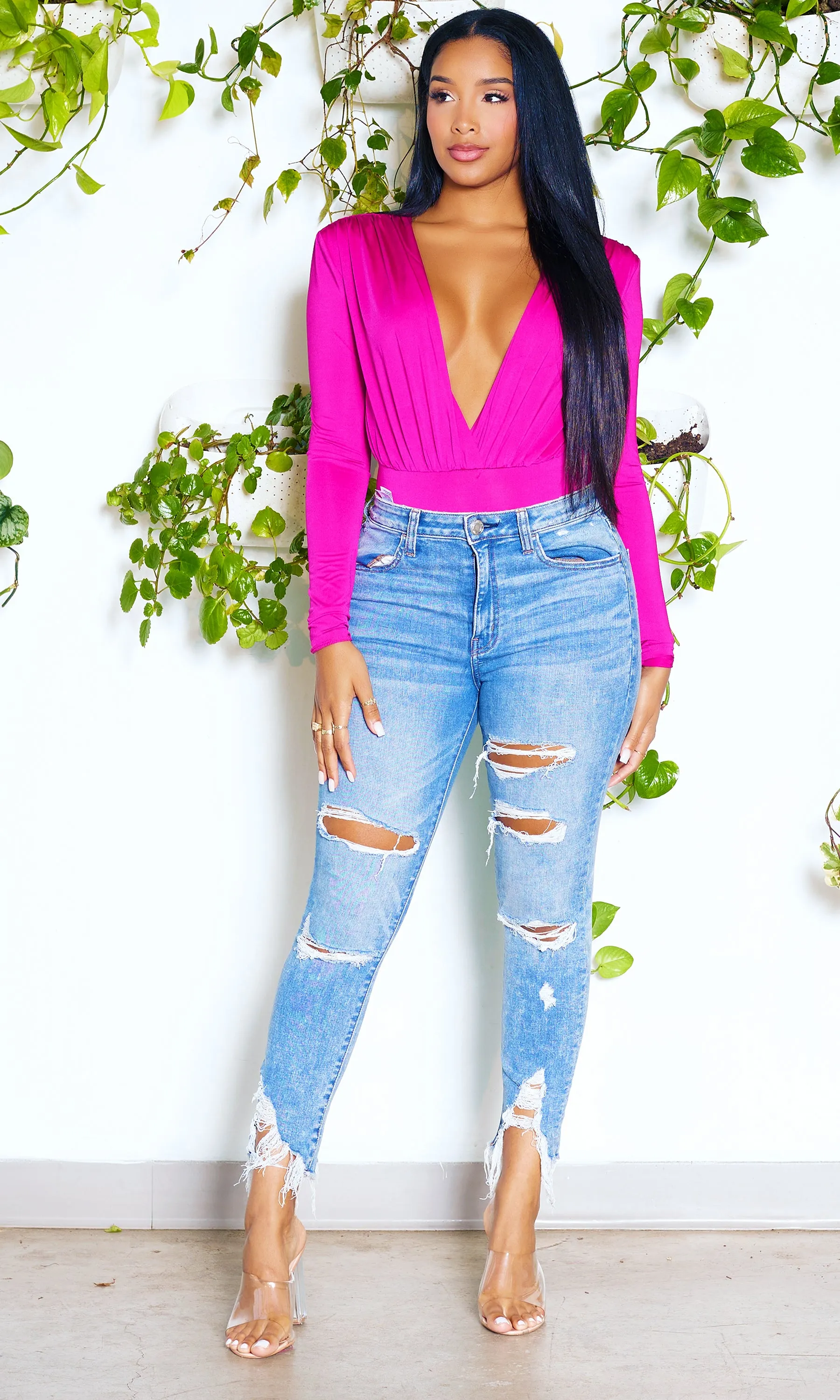 Brooke | Deep V Bodysuit - Hot Pink PREORDER sold by Cutely Covered product image thumbnail 3