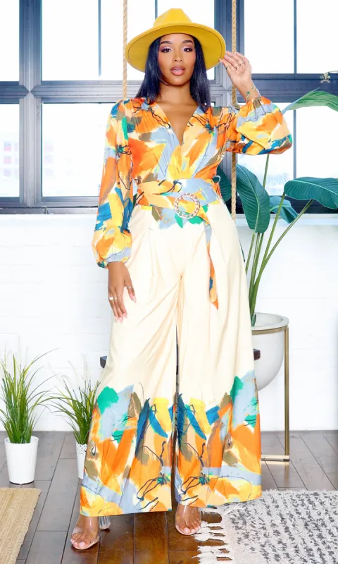 Sabrina | Long Sleeve Belted Jumpsuit - Multicolor sold by Cutely Covered