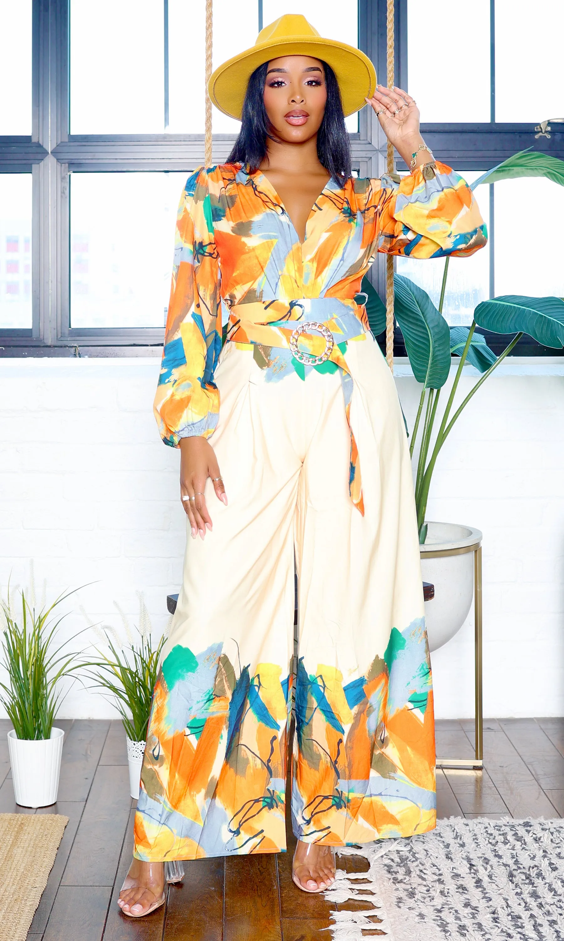 Sabrina | Long Sleeve Belted Jumpsuit - Multicolor sold by Cutely Covered