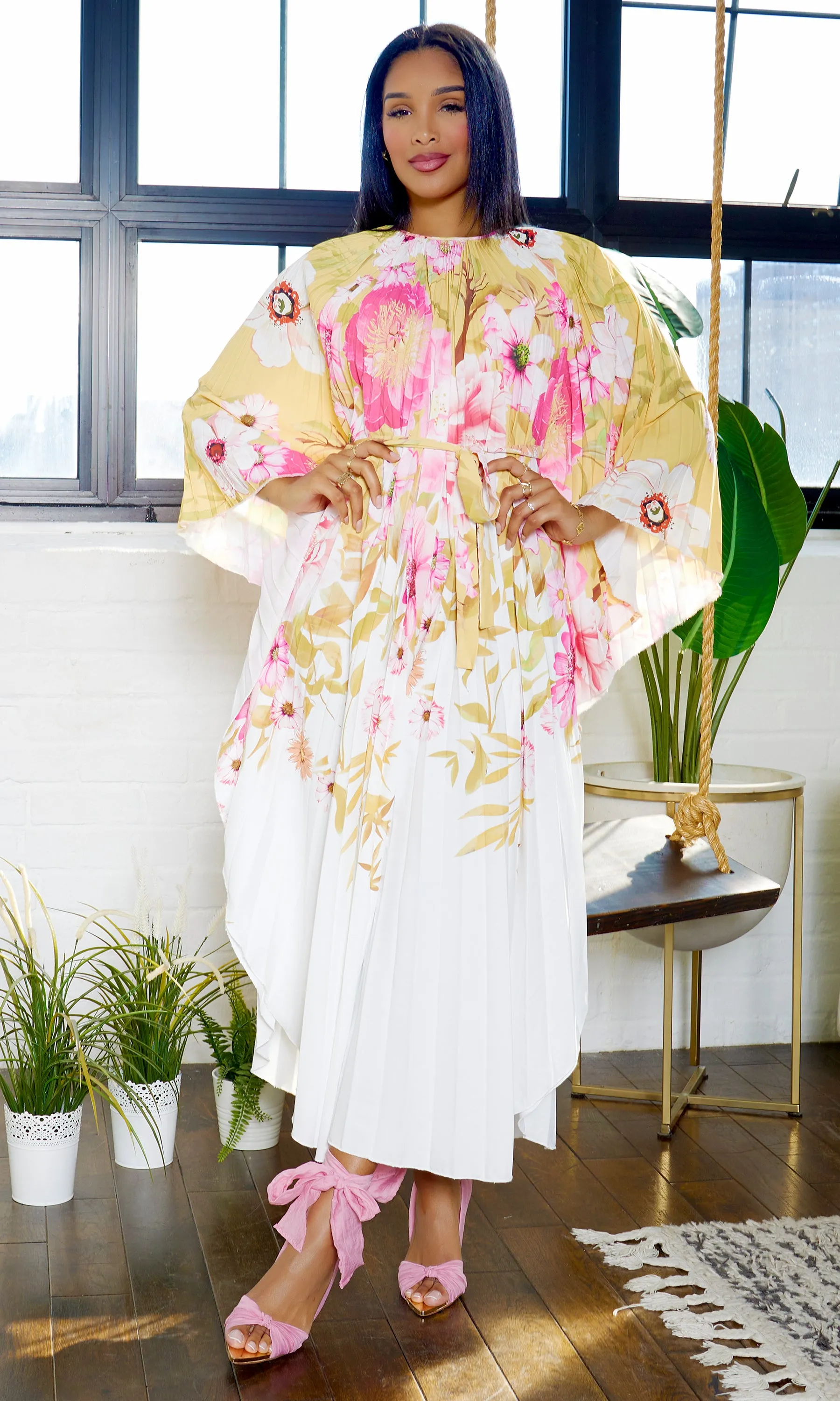 Floral Breeze Pleated Dress-White sold by Cutely Covered