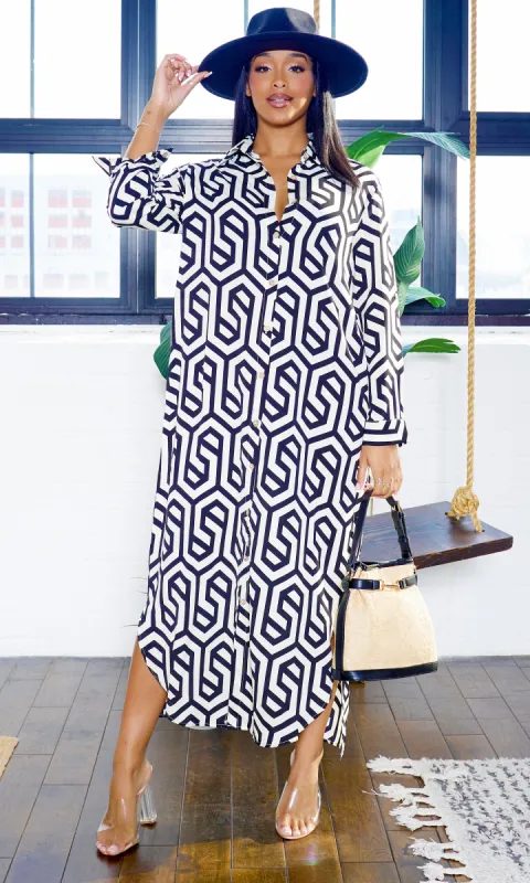 Geometric Pattern | Button Down Maxi Dress sold by Cutely Covered