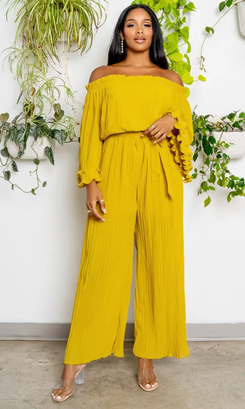 Off The Shoulder Pleated Chiffon Jumpsuit- Chartreuse sold by Cutely Covered
