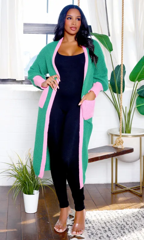 Kinsley | Contrast Trim Dual Pocket Lantern Sleeve Cardigan - Pink/Green C2 sold by Cutely Covered